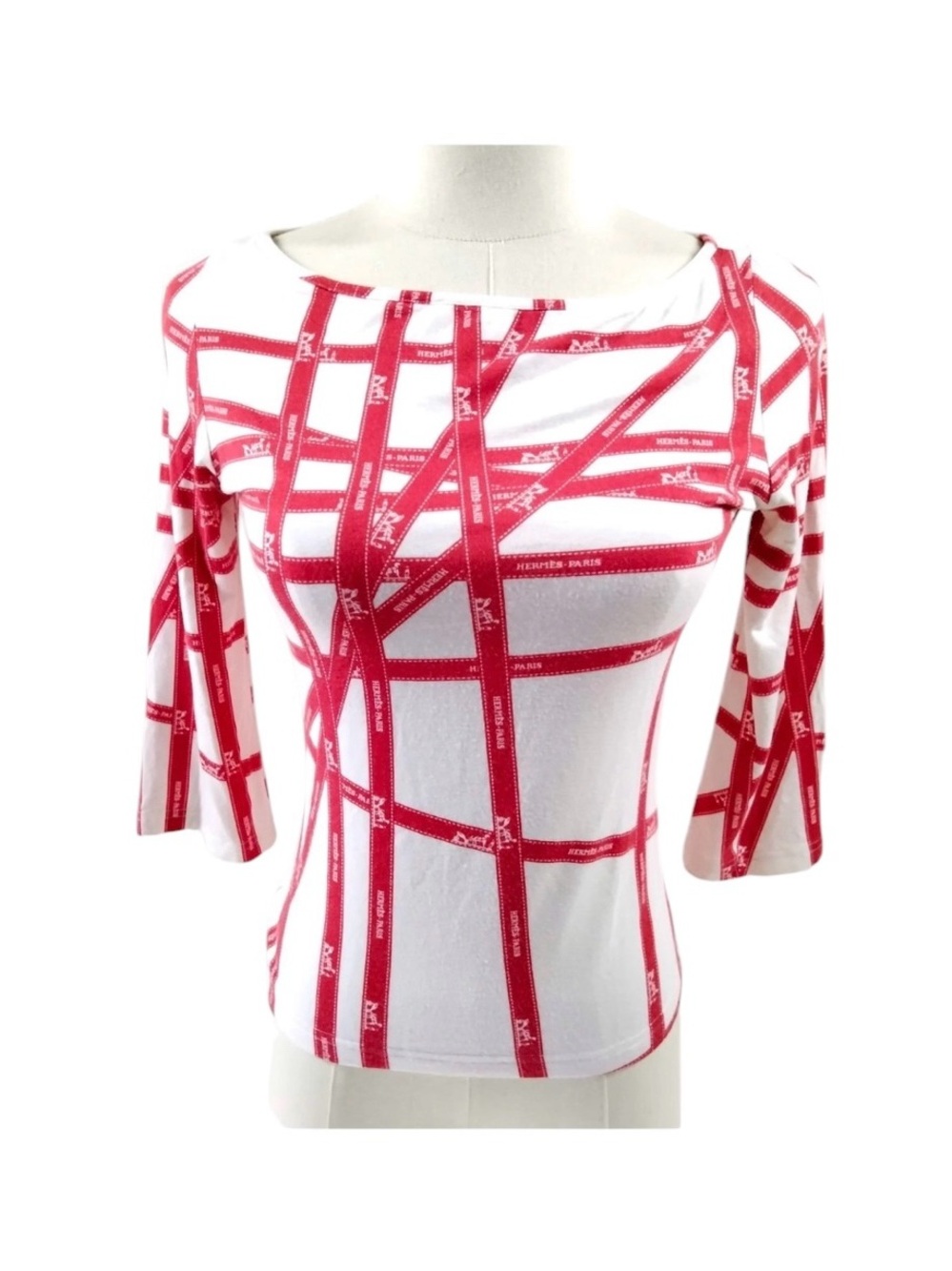VINTAGE HERMES Red & White Grid-Print Scoop Neck Top Size S - Picture 3 of 11